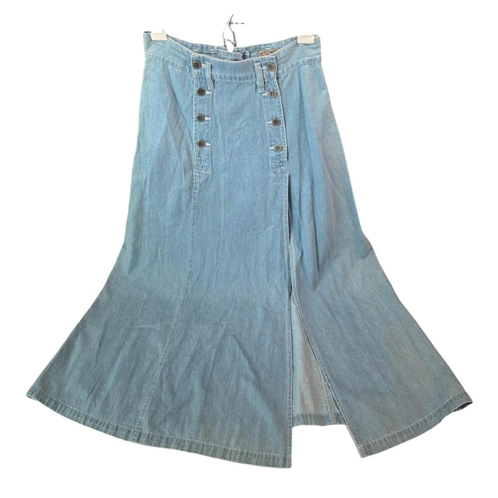 New York City Skirt SoHo 8 Blue Denim Maxi Lace Up Corset Button Front Slit Boho